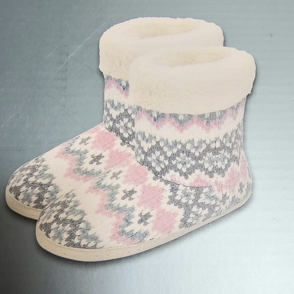 Cozy Pink and Gray Knit Slipper Boots - Picture 1 of 5